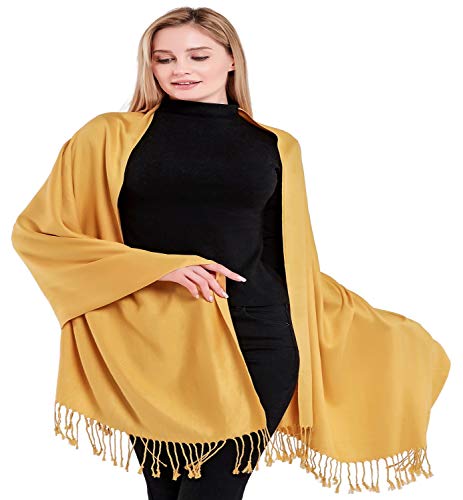 CJ Apparel Gold Brown Solid Color Tassels Design Nepalese Shawl Scarf Wrap Stole Throw Head Wrap Pashmina Hand Made in Nepal New2