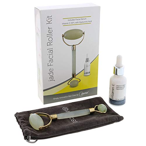 Jade Roller Kit with Face Serum – Skin Therapy Set Includes Natural Stone Massager + Vitamin C Serum – Firms, Tightens Look and Reduces Look of Dark Eye Circles, Fine Lines, Wrinkles + FREE E-Book