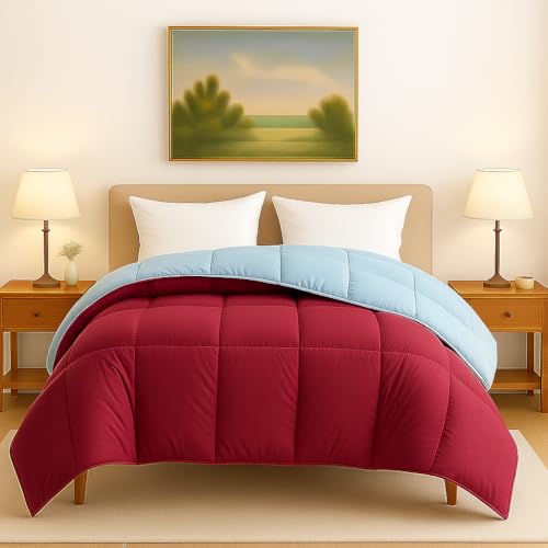 Image of Bed Comforter - Double Size - Red and Light Blue - 300 GSM Quilt Blanket Rajai - Winter Warm Down Alternative Duvet Insert with Corner Ties