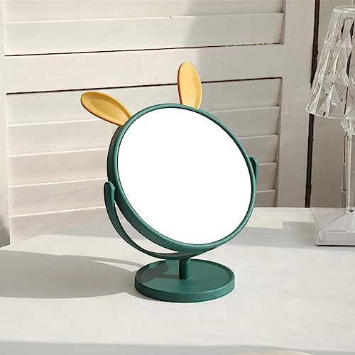 Image of Mockery Desktop Makeup Mirror Rabbit Ear Cosmetic Vanity Mirror for Girls Practical Adjustable 360 Degree Rotating Mirror with Green Rabbit Ear Design