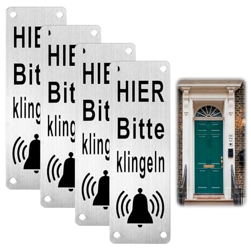 MBAIYO 4 Stück Klingelschild Bitte hier Klingeln, Selbstklebend Warten Schild Klein 15x5cm Wetterfestes Klebeschild Edelstahl Vertikal Etiketten Ring Doorbell Zubehör für Haustür