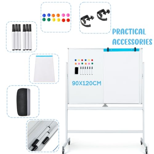 LIFEZEAL Pizarra Blanca Móvil de Doble Cara Giratoria 360°, Pizarra Blanca de Pie, Pizarra Magnética con Soporte, Altura Ajustable para Hogar, Oficina, Escuela (120x90CM, Blanco) - imagen 5