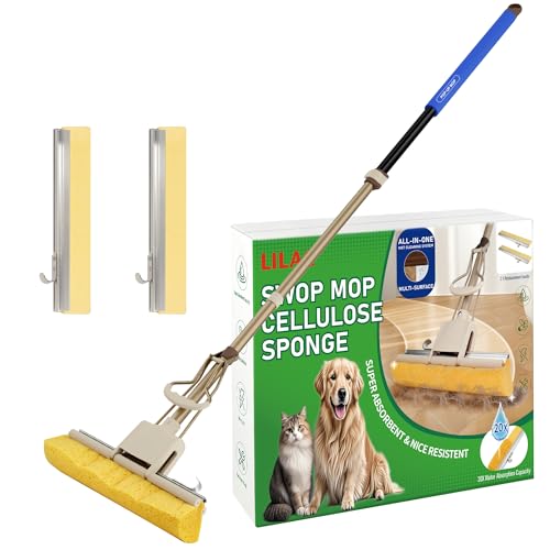 LILAC Cellulose Sponge Mop with 2 Replacement Heads 4-Color Handle for Zoned Cleaning Super Absorbent Pop Up Roller Mop for Hardwood Laminate Floors Heavy Duty Floor Scrubber (Blue)
