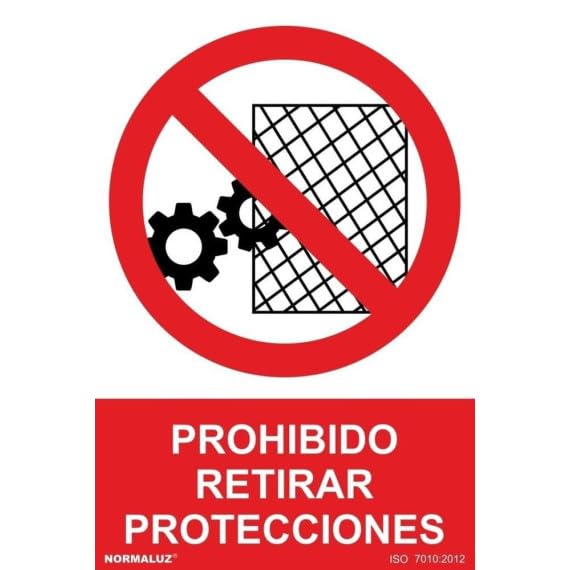 Señal de Prohibido retirar protecciones, texto y pictograma con tintas UV SEKURECO