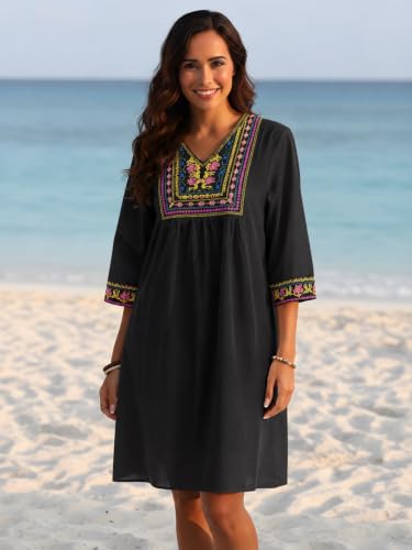 Image of LauraKlein Mexican Embroidered Dress for Women Plus Size Boho 3 /4 Sleeve Summer Dresses Fiesta V-Neck Casual Vacation Clothes