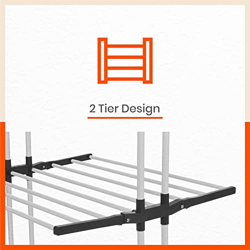 Image of Bathla 2 Level Modular Cloth Drying Stand with Wheels - Rustproof Portable Steel Laundry Rack (Black - Medium) - Clothes Dryer for Balcony, Indoor & Outdoor Use