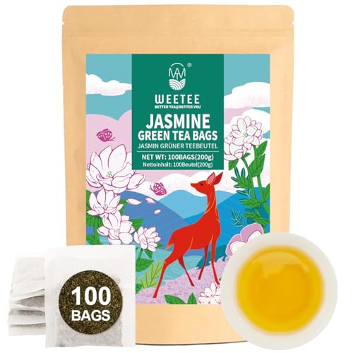 WEETEE Jasmintee 100 Stück Jasmin Grüner Tee Beutel erfrischend und entspannend ohne künstliche Aromen | Wiederverschließbarer Kraftbeutel | Heiß oder eisgekühlt aufbrühen