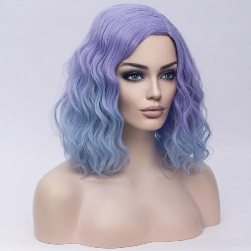 Image of BERON Purple and Blue Womens 14 inch Wigs Short Curly Wavy Wig Purple Ombre Blue Color Shoulder Length Synthetic Party Halloween Wigs Wig Cap Included