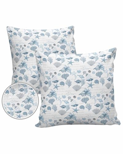 Blue Coastal Outdoor Pillow Cover 24x24 Inch Cushion Sham Case, Waterproof Decorative Square Throw Pillowcase for Outside Garden Patio Porch Couch Chair Tent Starfish Coral Nautical Shell Ocean Couch