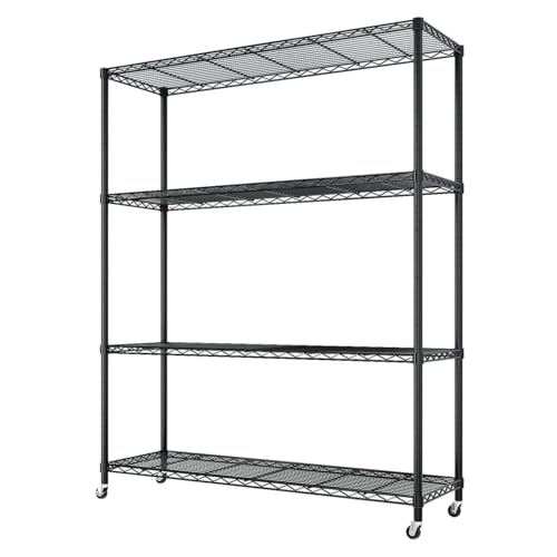 Bonnlo Regal mit Rollen, 4 Gitterböden und Höhenverstellbaren Einlegeböden, Metallregal, Lagereinheit, Küchenregal, Kellerregal, 117 x 45 x 165cm, Schwarz Bonnlo Regal mit Rollen, 4 Gitterböden und Höhenverstellbaren Einlegeböden, Metallregal, Lagereinheit, Küchenregal, Kellerregal, 117 x 45 x 165cm, Schwarz