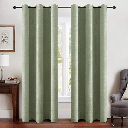 Image of MIULEE Linen Blackout Curtains and Drapes 100% Room Darken Thermal Insulated Grommet Window Panels with Coating 2 PCs W 42 x L 84 inches Sage Green