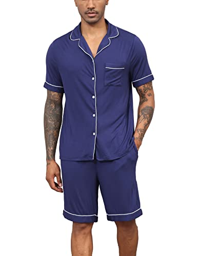 Image of Veseacky Cotton Pajamas Short Sleeve Pajama Set Men Sleepwear Summer Loungewear Nightwear with Pockets Navy Blue L