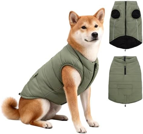 Dog Winter Coat – Water-Resistant & Windproof Mild Cold Weather Jacket with Adjustable Neck & Tail Drawstrings, Reflective Christmas Dog Jacket for Outdoor Safety, Olive Green L