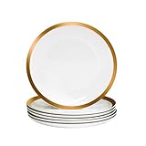 FAVA Bone China White Gold Rim Flat Dessert Plates Set, 8 inch, Set of 6, 6 Piece White Dessert Plate Set, Serving Dish Set, Oven, and Dishwasher Safe, Scratch Resistant, Dinnerware Party Plates