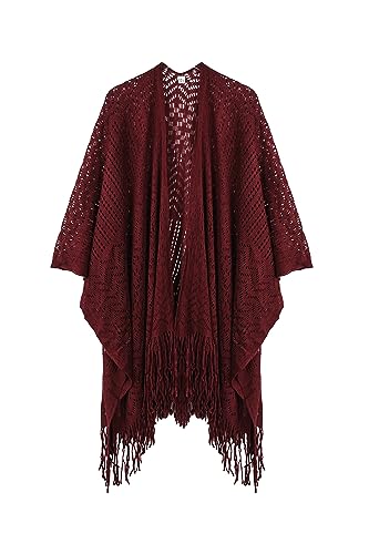 Knit Shawl Wraps Tassel Open Front Poncho Cape for Women, Ladies Fringed Knitted Cardigan for Fall Winter