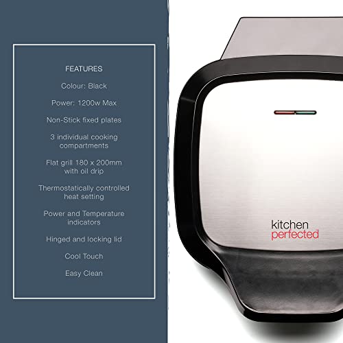 Kitchen Perfected Ultimate Meal Maker, Cook your breakfast, lunch or dinner from one easy compartmentalised grill, 180 degree griddle, black - E2791