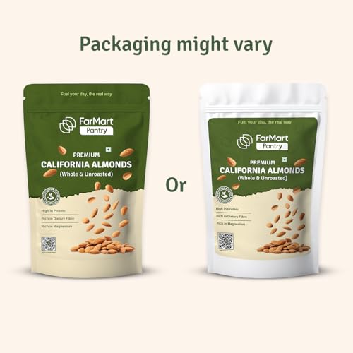 Image of FarMart Pantry Premium California Almonds (Whole & Unroasted)| 500g Pack | Handpicked, High in Protein, Rich in Fibre & Magnesium | 100% Natural & Crunchy Dry Fruits |