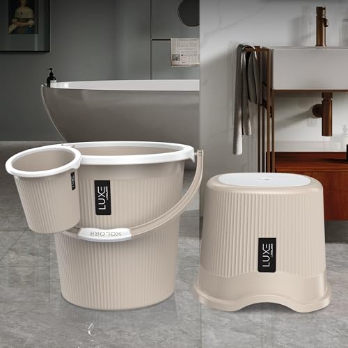 Image of KOLORR Luxe Bathroom Set (Bucket 18L x 2) + (Mug 1.5L x 2) + (Luxe Patla x 1)|Sturdy and Durable |Lightweight| Easy to Clean and Attractive Design|Pack of 5|Sand Stone