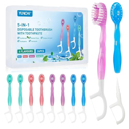 YUNCHI Mini Zahnbürste 5 in 1 Einmalzahnbürsten mit Zahnpasta + Pickel + Zungenschaber + Zahnseide, Reisezahnbürste Einzeln Verpackt für Camping Geschäftsreisen Kinder Erwachsene