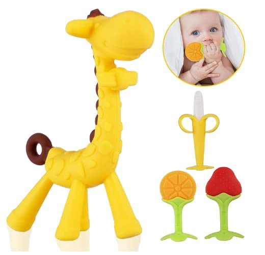 Image of Infant Teething Set For Baby, 4 And 2 Pack Combo Set, Silicon Baby Teethers Set, Bpa Free (Multicolors) (Giraffe Teether Set (1 Banana Brush + 2 Silicone Teether + 1 Giraffe Teether))