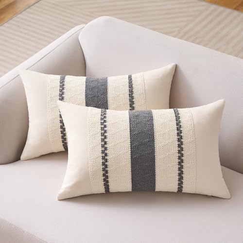 Aisybaklyn Boho Funda Cojin Gris 30x50 cm Moderno Raya Cojín Sofa Algodón Lino Raya Textura Tejida Fundas Cojines 2 Piezas para Bohemia Campo Decoracion Sala de Estar Sofás Dormitorio - imagen 9