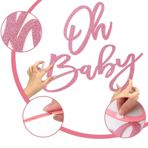 Image of 'Oh Baby' Sign for Backdrop - Felt Glitter Pink Baby Shower Banner Boy Girl Decorations Gender Reveal 1st Birthday Party Photography Background