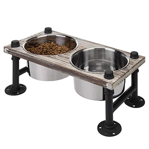 MyGift Rustic Solid Torched Wood Elevated Dog Feeder with Industrial Metal Legs, Dog Food and Water Bowls for Medium Dogs, Raised Pet Feeder with 2 Stainless Steel Bowls
