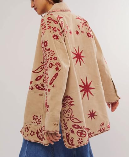 loveimgs Women Boho Retro Embroidered Jackets Lapel Button Up Shirt Faux Suede Jacket Y2k Outwear Coat Pocket Western Shacket3