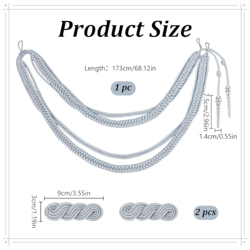 image for WEBEEDY 3 Pcs Gray Shoulder Epaulets Aiguillette Shoulder Cord and Tra