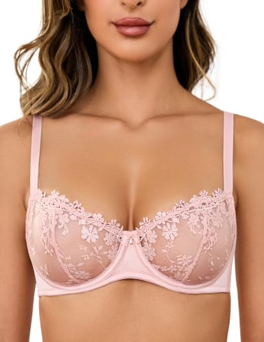 Image of Wingslove Women's Sexy Lace Bra Demi Sheer Mesh Balconette See Through Bralette Unlined Underwire Embroidered