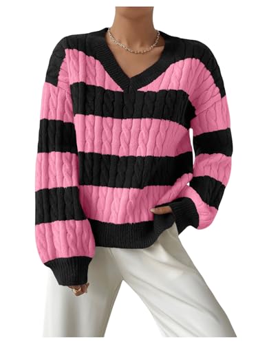 MakeMeChic Women's Cable Knit Color Block Striped Sweater V Neck Long Sleeve Pullover Tops