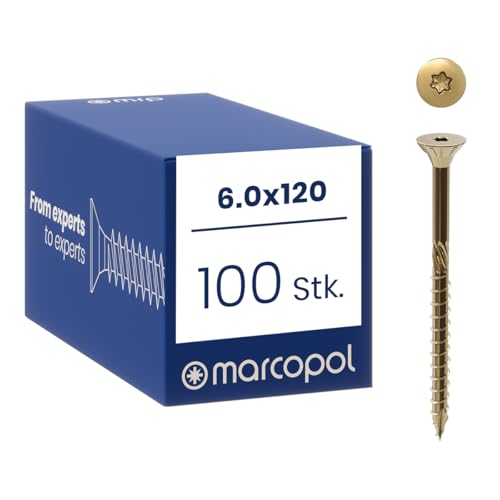 Marcopol Holzbauschrauben mit Senkkopf 6 x 120 mm 100 Stück TX30 Gelb Verzinkt - Senkkopfschrauben mit Torx Antrieb - Schrauben mit Frässpitze Schneidkerben Aufbohrfräse und Wachsbeschichtung