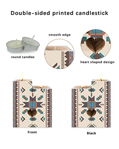 Southwestern Candle Holder With Tea Light,Vintage Wood Tealight Candle Stick Holder Pillar Centerpiece,Vintage Geometry Abstract Tribal Ethnic Brown Blue Heart-Shaped Tall Wooden Candle Holders Set #TOP1