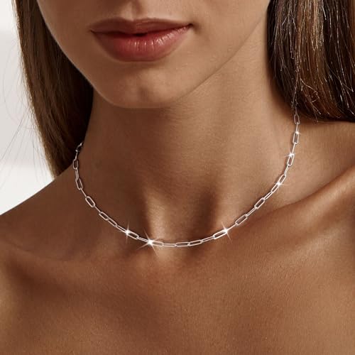 Mbw Simple Silver Paperclip Choker Necklace, Sterling Silver Dainty Chain Necklaces For Women Trendy 16In Thin Minimalist Aesthetic Link Necklace Jewelry Gifts Summer Necklace For Women thumb #1