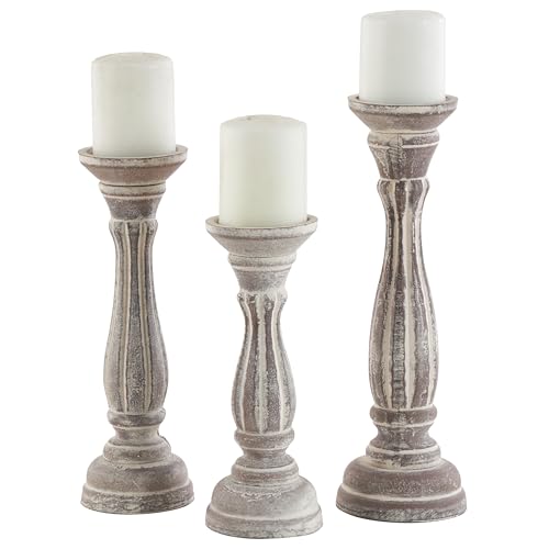 Deco 79 Wooden Decorative Candle Holder Candle Stand, Set of 3 Candlestick Holder 15', 13', 11'H, Brown