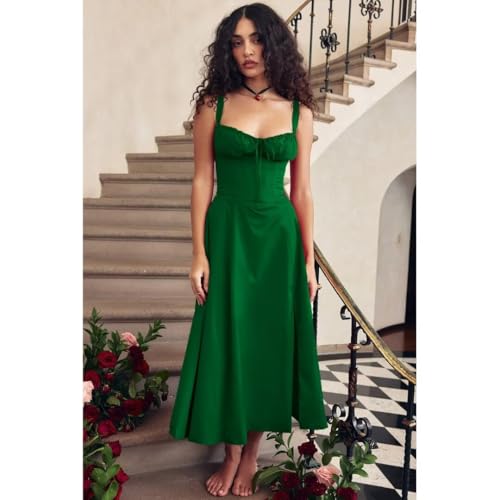 Image of Floral Corset Midi Dress Square Neck A Line Dress with Slit | Square neck floral midi dress with front tie bust wide straps A-line skirt side slit and lightweight fabric