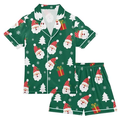 Satin Pajama Sets Short Sleeve Santa Claus Trees Button Down Silky Nightwear 2 Piece PJS 5-14Y