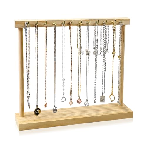 MXGHIR Porte-bijoux en bois, Porte-bijoux portable avec 12 crochets pour chaînes et une base rectangulaire stable, pour la conservation des chaînes de bijoux