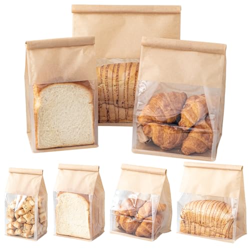 Roppolo 50 Pcs Bread Bags with Tin Tie Loaf Bags Made Of Brown Cotton Paper Storage Packing Bag with Clear Window for Bakery Cafe Homemade Bread Mini Size 3.9 Inch
