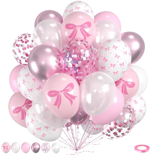 Pink Bow Balloons, 60pcs Pink and White Balloons with Bow Printed Balloon