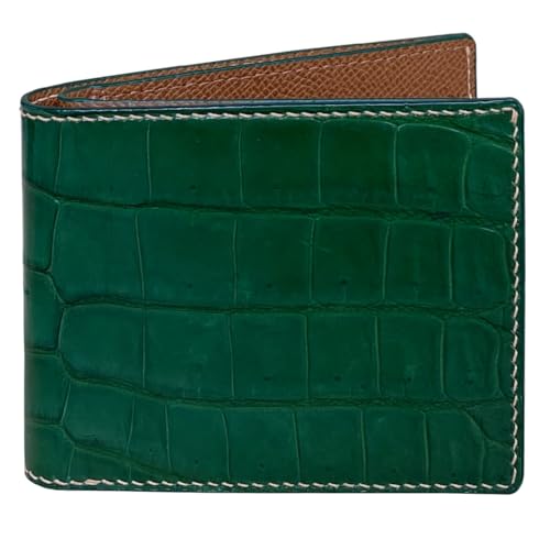 Image of Green Leather Slim Bifold Wallet Gift Men Hand Stitching Luxury Large Capacity Credit Card Holder Premium Security Wallet RFID Blocking Anti Theft Handmade By Vietnamese VINAM-87