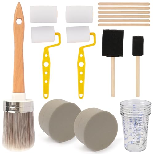 19 Pieces Paint Brush and Roller Set, Painting Supplies Include Cups, Sponge and Mixing Sticks, All The Tools You Need to Apply Finish All in One Paint, Ideal for DIY & Professional Painting