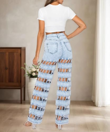 Women's High Waisted Stretch Y2k Jeans Trendy Washed Ripped Cutout Straight Leg Denim Pants4