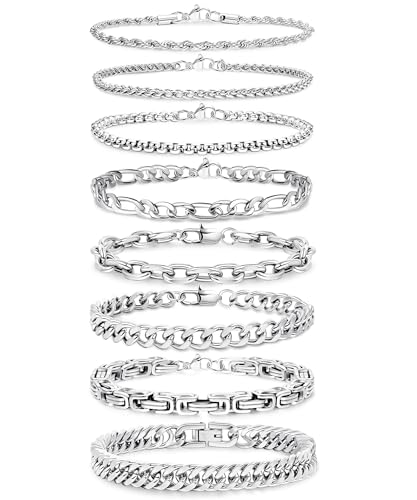 Set 8 pulseras de cadena de acero inoxidable para hombres y mujeres miniatura 1