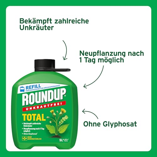 Roundup Unkrautfrei TOTAL, 5 Liter Nachfüller, Unkrautvernichter, zur Bekämpfung von Unkräutern, Gräsern und Moos