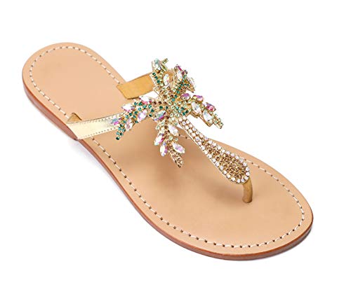 Monrovia Women's Rhinestone Jeweled Flat Beach Wedding Summer Sandals Gold Rhinestone Jeweled Sandals for Women Bling Jelly Flat Sparkly Sandals Dress Dressy Flip Flops2