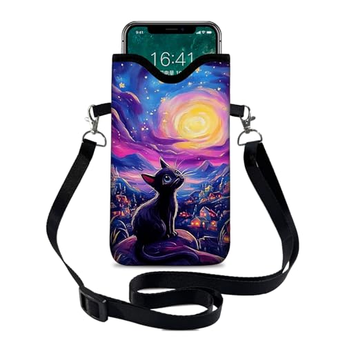 Image of Neoprene Cell Phone Sleeve Pouch Case Bag with Crossbody Strap Neck Lanyard for Women 7.1 X 3.9 in Cat Sky