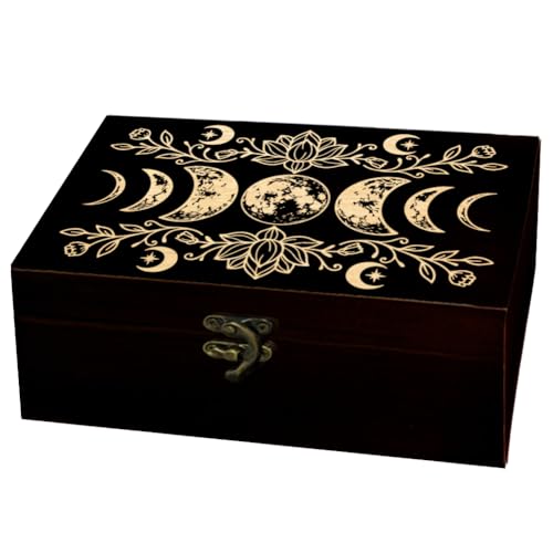 Image of arricraft 1 Pc Wooden Keepsake Storage Box, Moon Phases Lotu Stars Pattern Rectangle Pine Tarot Card Memory Box for Anniversary Jewelry Board Storage 24x14x9cm (9.45x5.51x3.54 inches)