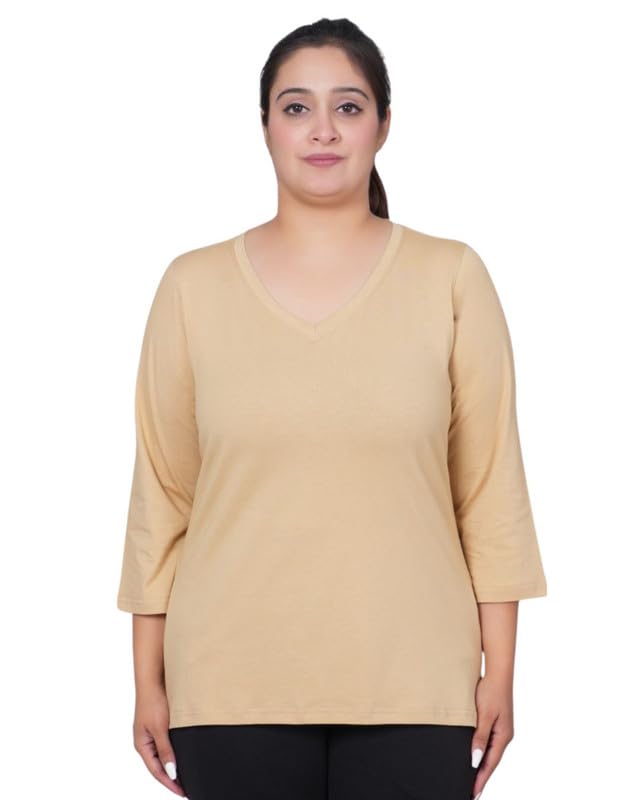 Image of Mlada V-Neck Cotton 3 /4th Sleeves Tshirt for Women | Stretchable Regualr Fit Solid Cotton Tshirts | Casual 3 /4th Sleeves Tshirts for Women Office Wear | Solid Round Neck Tshirt