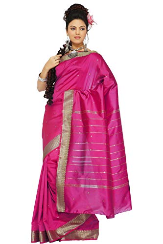 Sanskruti India Womens Indian Ethnic Traditional Banarasi Art Silk Saree Sari Wrap Fabric Dress Drape (Dark Pink)
